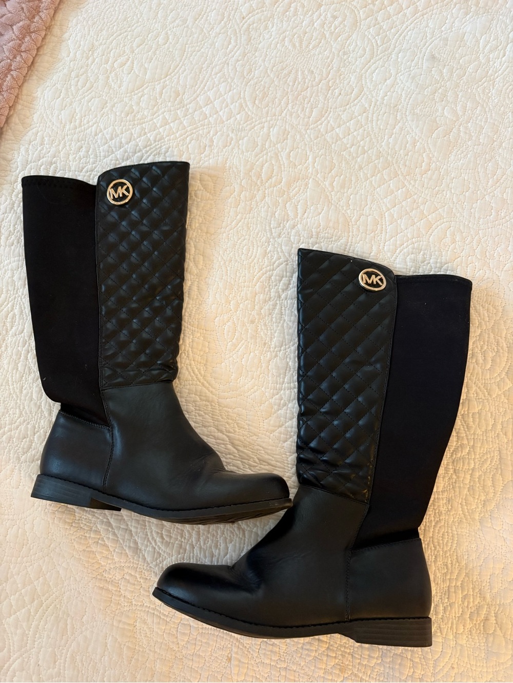Michael Kors Black Quilted Knee-High Riding Boots with Gold MK Emblem